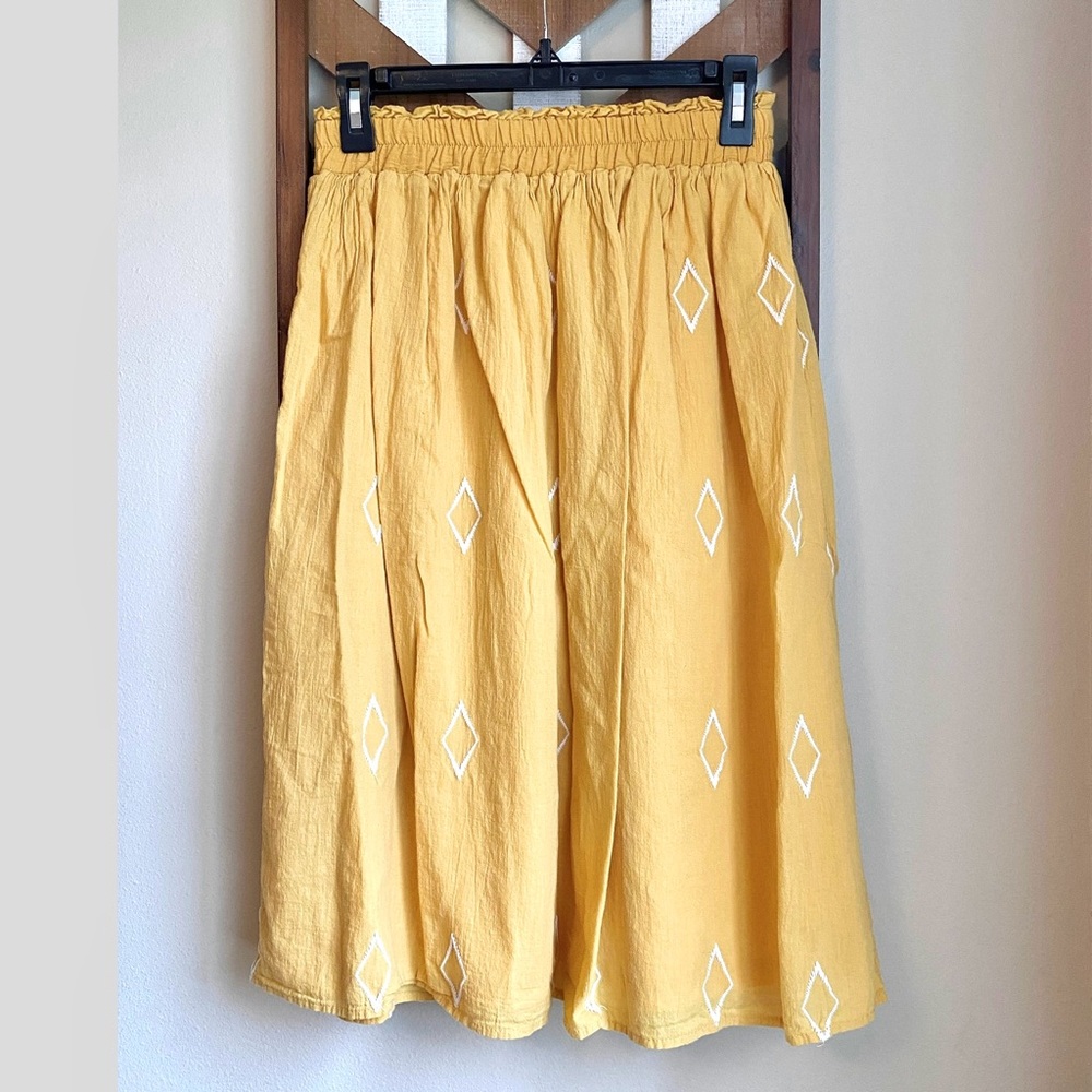 💛🔸EUC S Polagram Midi Skirt Honey Mustard Yellow Diamond Pattern Cotton Elastic